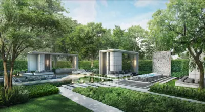 Luxurious modern garden with elegant seating and lush greenery, perfect for relaxation and outdoor gatherings.