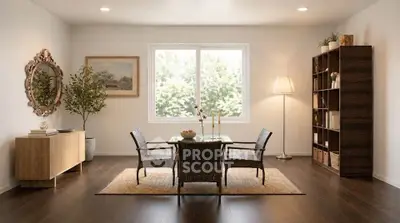 Elegant dining room with natural light, stylish furniture, and wooden flooring, perfect for modern living.