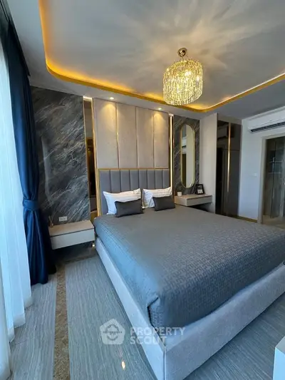 Luxurious modern bedroom with elegant lighting and stylish decor