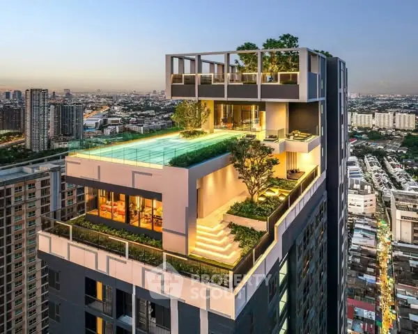Luxurious rooftop pool with stunning city view on modern high-rise building.