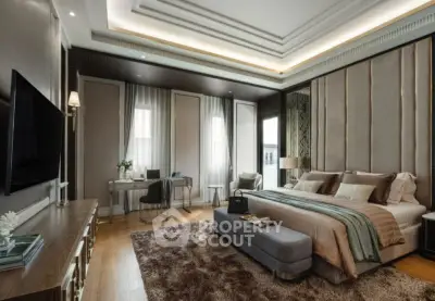 Luxurious bedroom with elegant decor and plush furnishings, featuring a spacious layout and modern amenities.