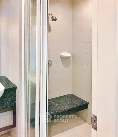 Modern bathroom with sleek shower and elegant tile design