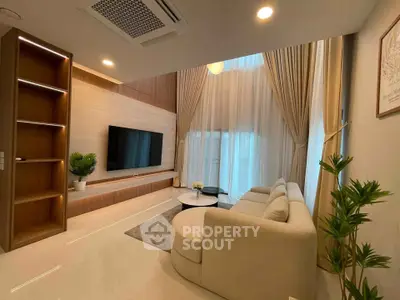 Luxurious modern living room with high ceilings, elegant curtains, and stylish furniture.