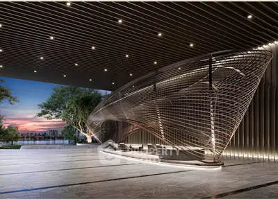 Luxurious modern building entrance with stunning architectural design and ambient lighting