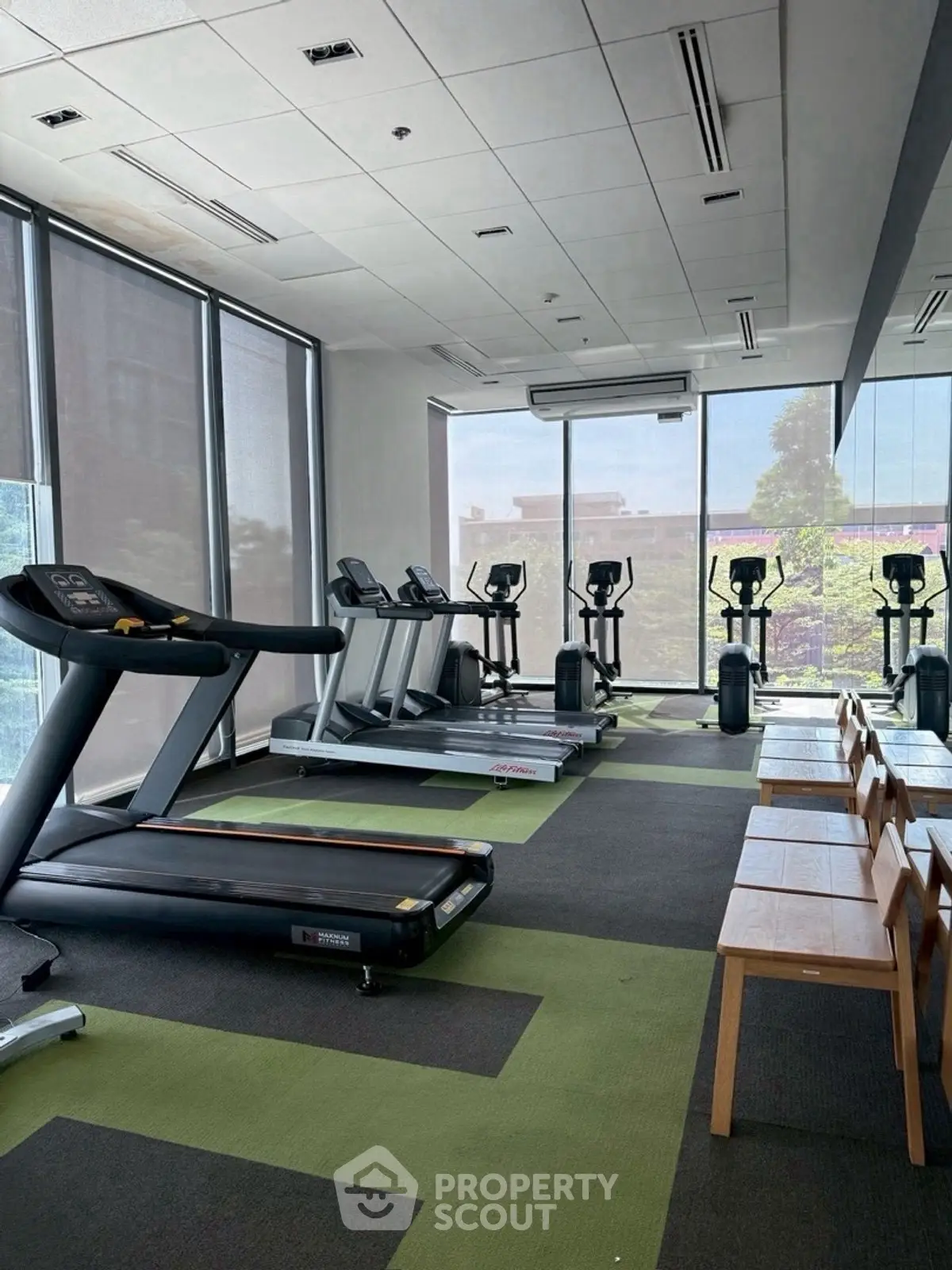 Modern gym with treadmills and exercise bikes in a bright, spacious room.