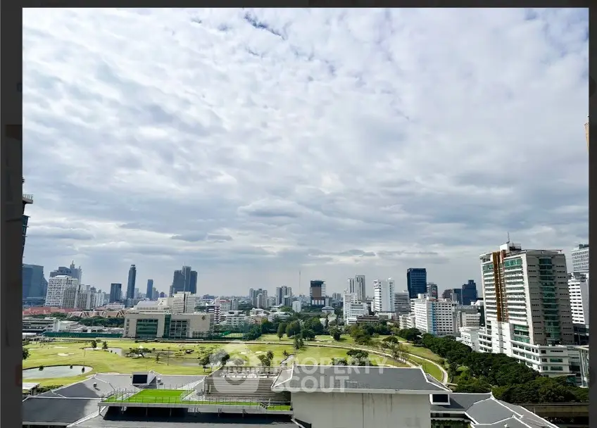 Stunning cityscape view from high-rise building showcasing urban skyline and green spaces.