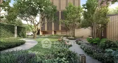Luxurious garden view of modern residential building with lush greenery and serene pathways.