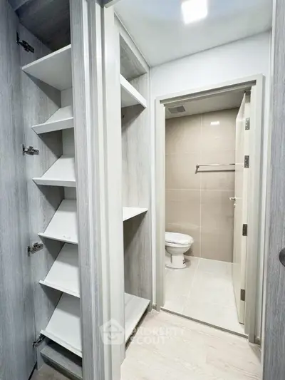 Modern bathroom with sleek storage shelves and contemporary design