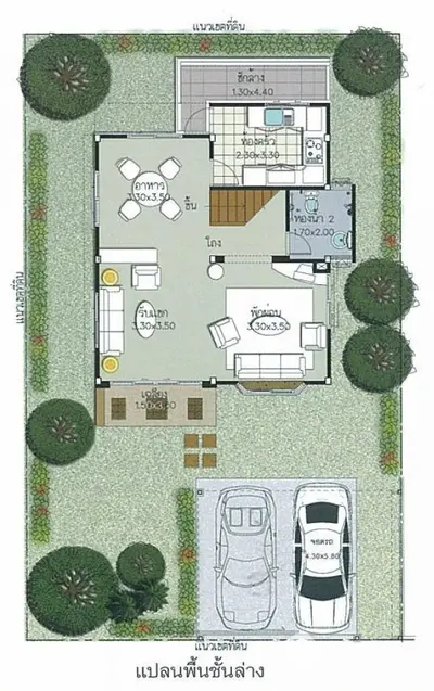 Detailed floor plan of a modern home with garden and parking space