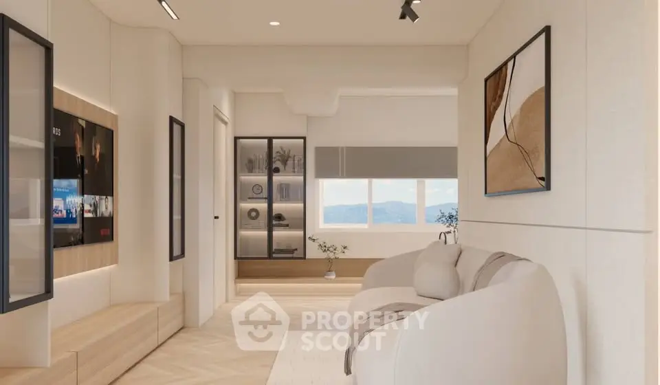 Modern living room with elegant decor and stunning view, featuring cozy seating and stylish shelving.