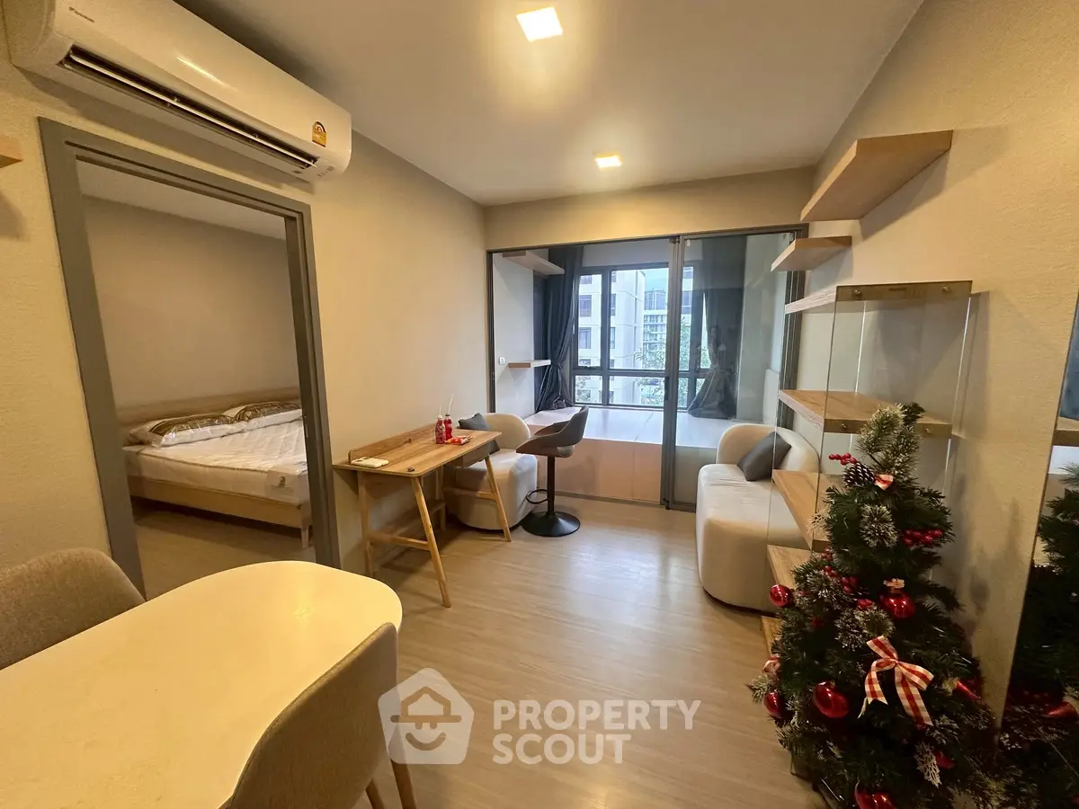 Modern apartment living room with Christmas decor and city view