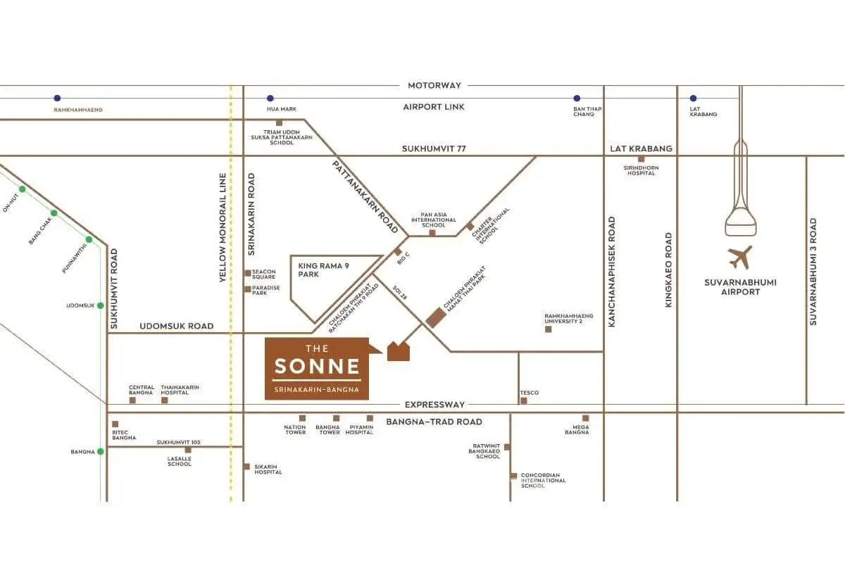 Map showing location of The Sonne near Suvarnabhumi Airport and major roads in Bangkok.
