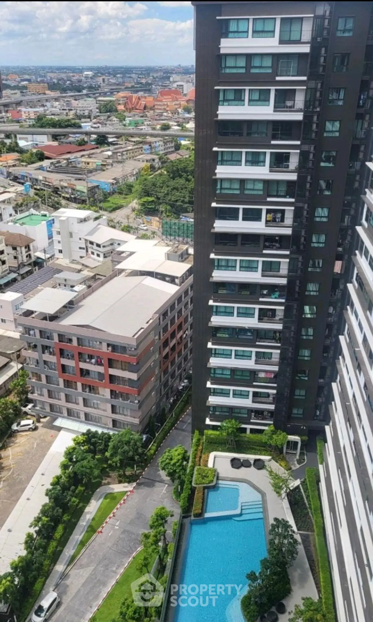 Stunning high-rise building with pool and cityscape view