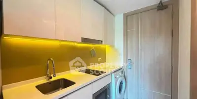 Modern kitchen with sleek cabinetry, built-in appliances, and washing machine in compact layout.