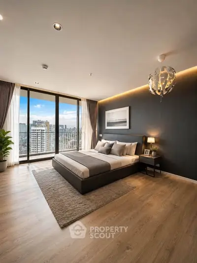 Luxurious bedroom with stunning city view and modern decor