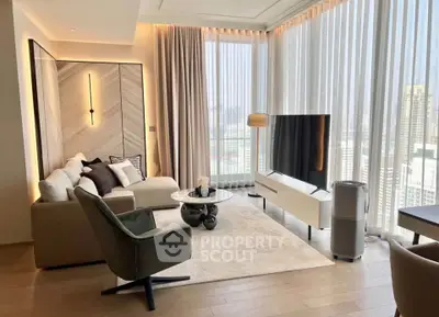 Luxurious modern living room with panoramic city view and elegant furnishings.