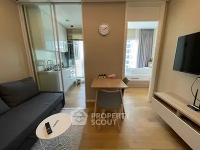 Modern apartment interior with cozy living room and kitchen area