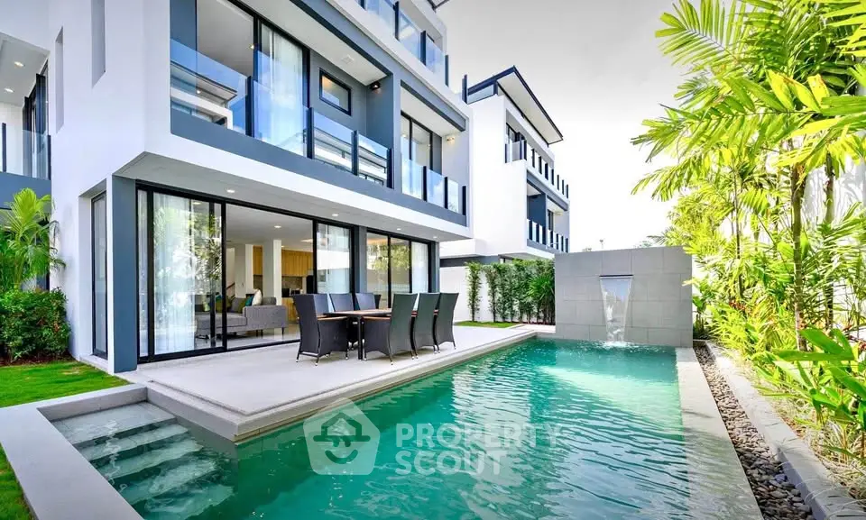 Luxurious modern villa with private pool and lush garden, perfect for relaxation and entertaining.