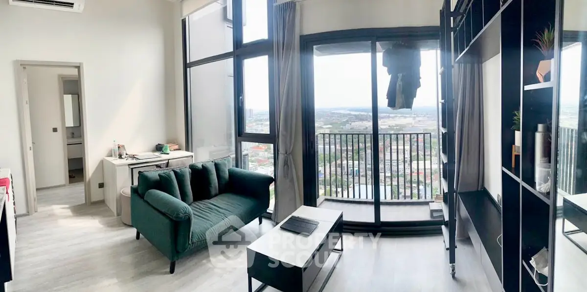 Modern living room with panoramic city view and stylish furniture