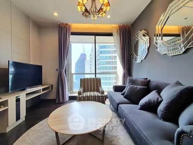 Luxurious living room with modern decor and city view, featuring elegant furniture and stylish mirrors.