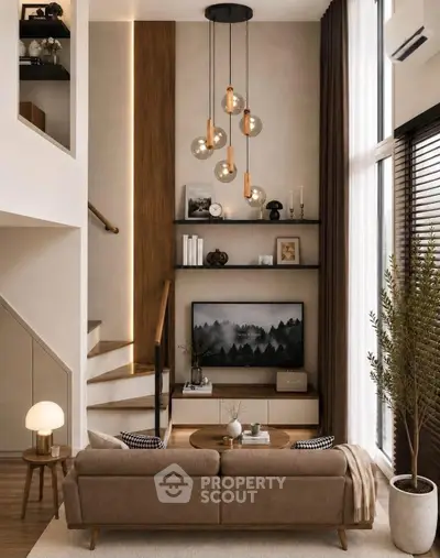 Stunning modern living room with high ceilings, elegant lighting, and stylish decor.