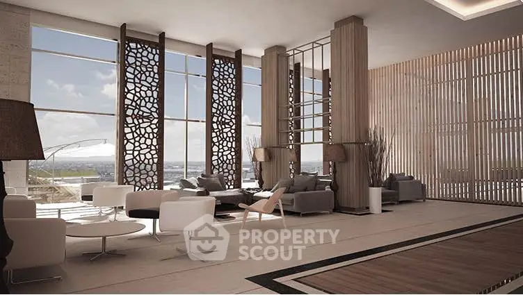 Luxurious modern living room with panoramic city views and elegant decor