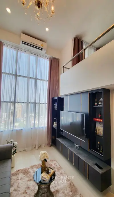 Luxurious high-ceiling living room with modern decor and large windows offering stunning city views.