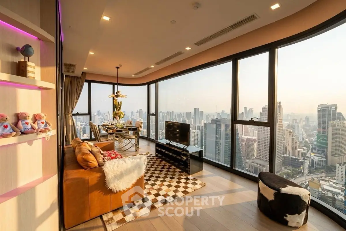 Luxurious high-rise living room with panoramic city views and modern decor