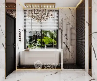 Luxurious marble bathroom with bathtub and rain shower, featuring a large window with lush greenery view.
