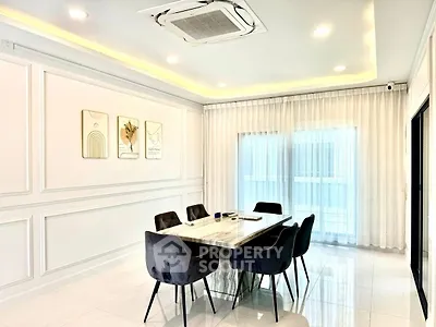 Elegant dining room with modern decor and large windows