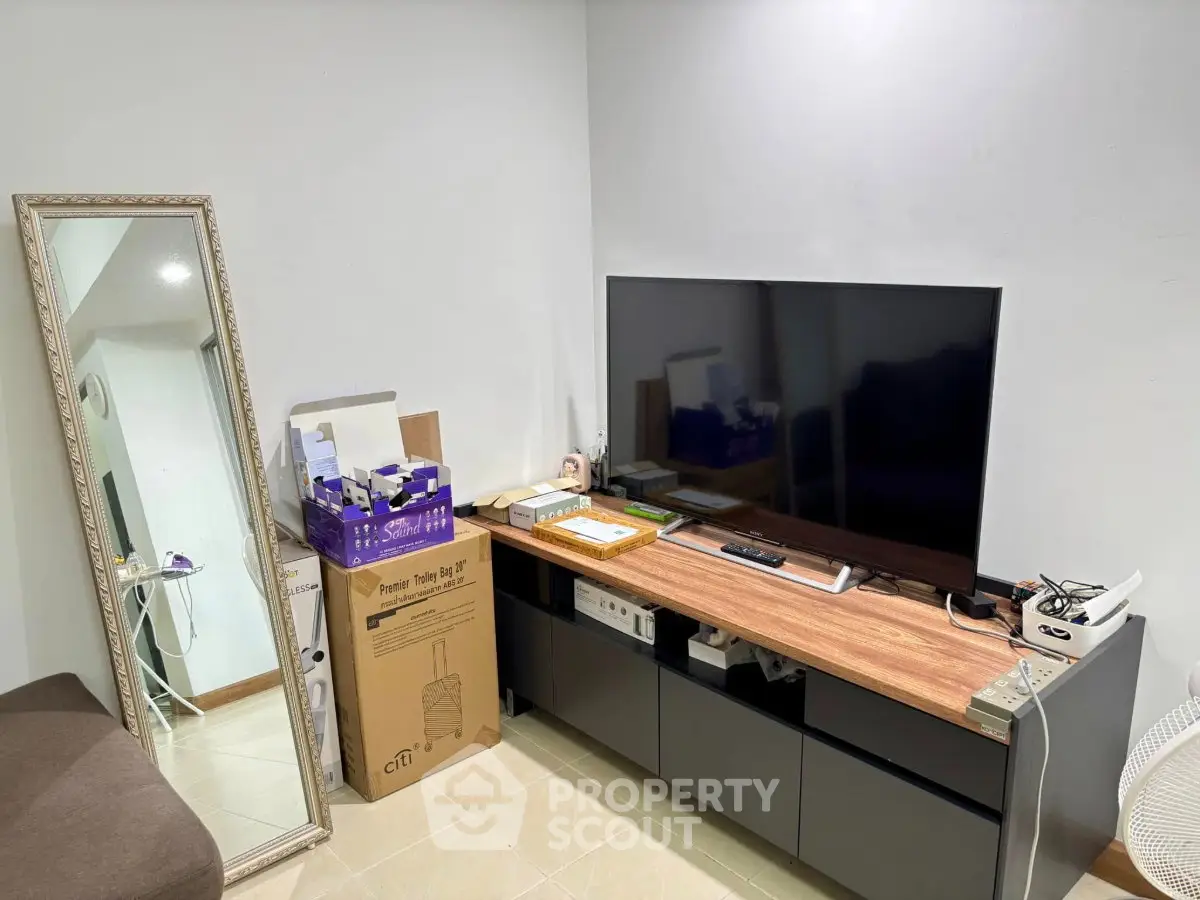 Modern living room with sleek TV setup and stylish mirror, perfect for cozy entertainment nights.