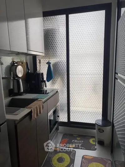 Compact modern kitchen with frosted glass window and sleek appliances