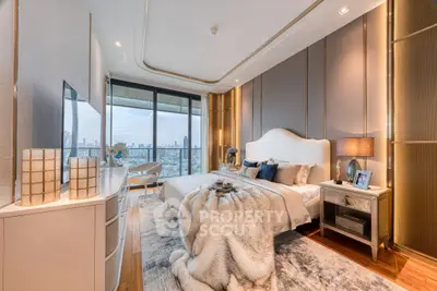 Luxurious bedroom with stunning city view and elegant decor
