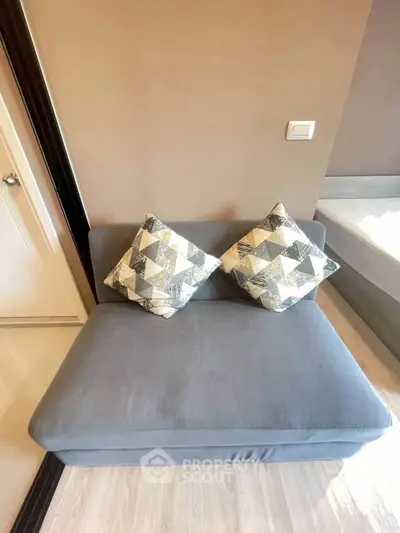 Cozy small living area with modern sofa and geometric pillows