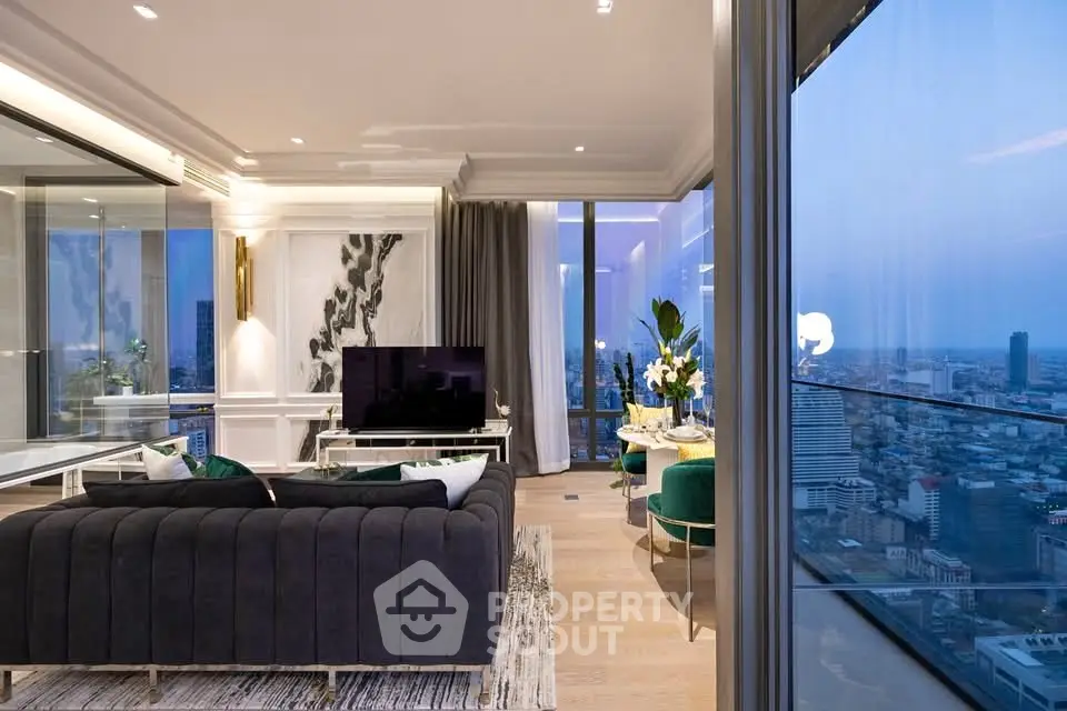 Luxurious modern living room with panoramic city view and elegant decor