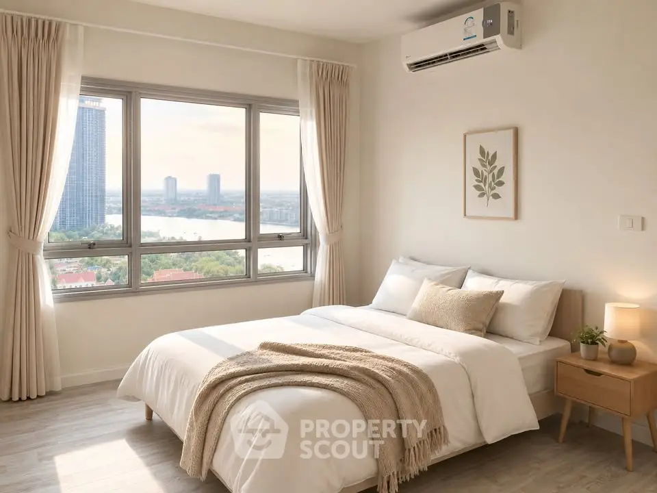 Bright and cozy bedroom with a stunning city view, featuring modern decor and natural light.