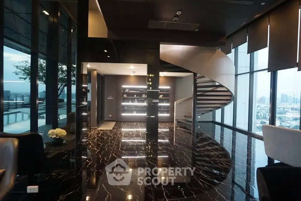Luxurious modern living room with spiral staircase and panoramic city view