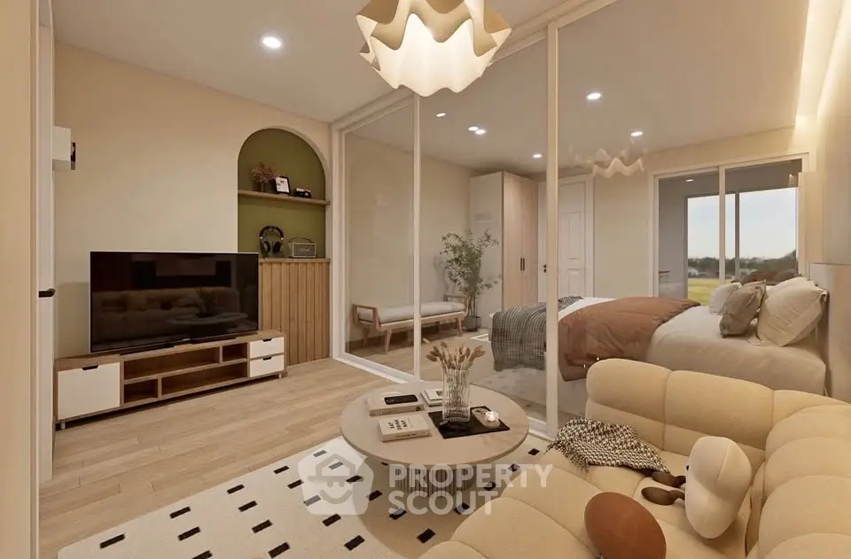 Modern living room with cozy beige sofa and stylish decor