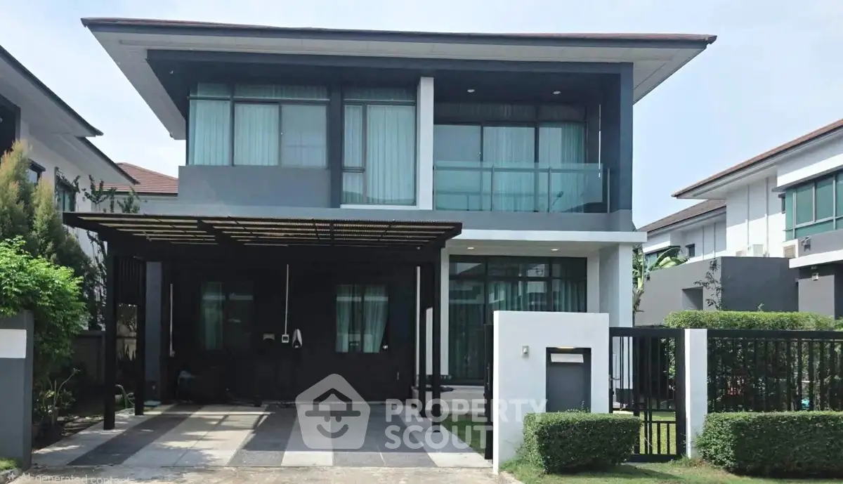 Modern two-story house with large windows and a covered carport in a suburban neighborhood.