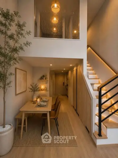 Modern duplex dining area with stylish staircase and elegant decor