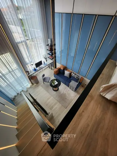 Stunning modern living room with high ceilings and stylish decor
