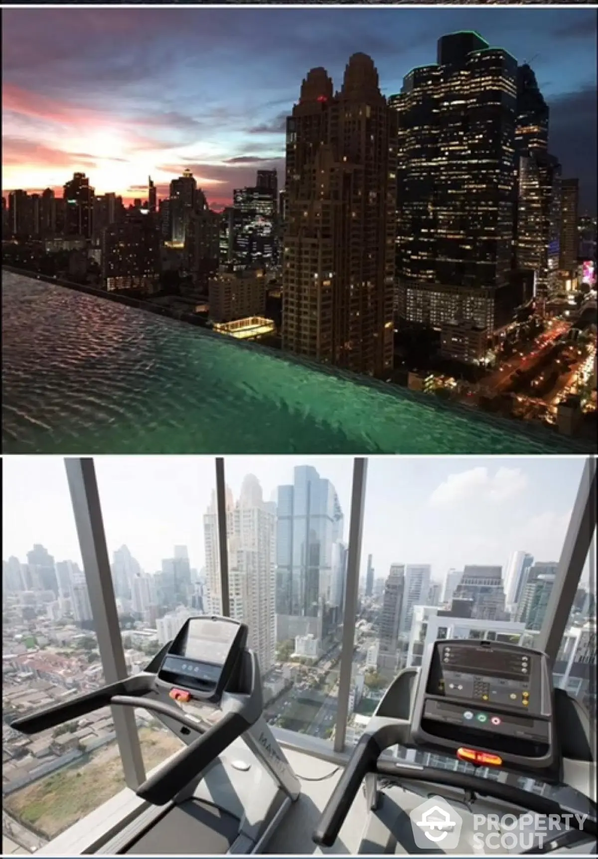 Stunning city view from rooftop pool and modern gym with skyline backdrop