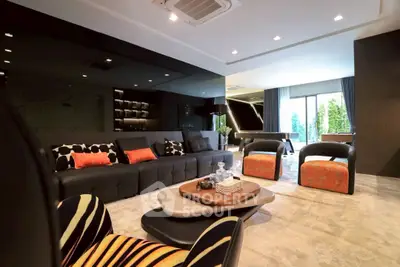 Luxurious modern living room with stylish furniture and large windows offering natural light.