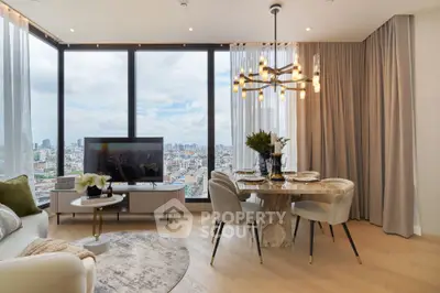 Luxurious modern living room with city view, elegant decor, and stylish dining area.
