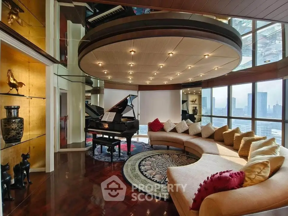 Luxurious living room with grand piano and stunning city view, featuring elegant decor and spacious seating.