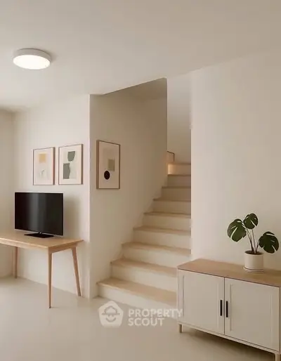 Modern minimalist living room with staircase and stylish decor