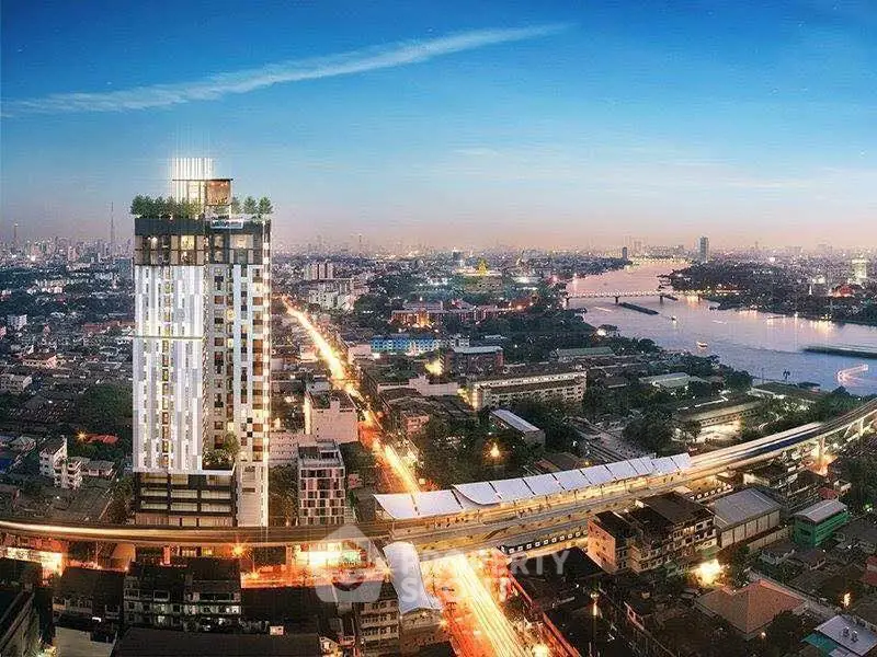 Stunning cityscape view with modern high-rise building and vibrant skyline at dusk.