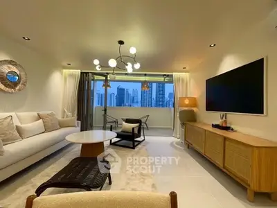 Luxurious living room with modern decor and stunning city view, perfect for urban living.
