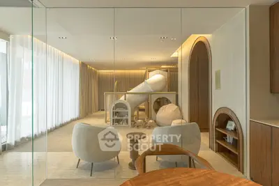 Luxurious modern living room with unique indoor slide and elegant furnishings
