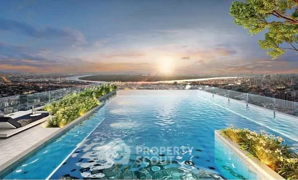 Stunning rooftop infinity pool with breathtaking city skyline view at sunset.